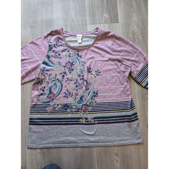 Chicos Floral Paisley Print Knit Top Size 4 Multicolor Casual 3/4 Sleeve Lightwe - Picture 4 of 7